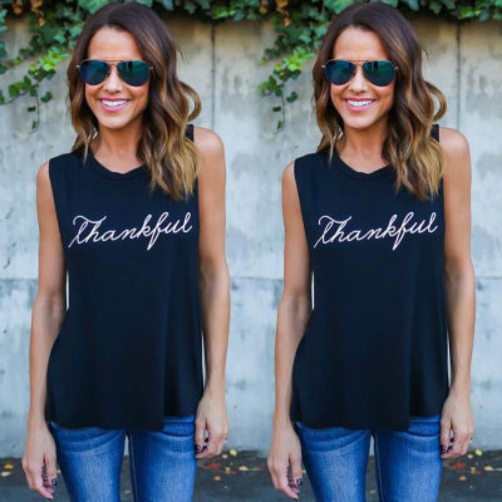 Black Sleeveless Thankful Tank Top Tshirt